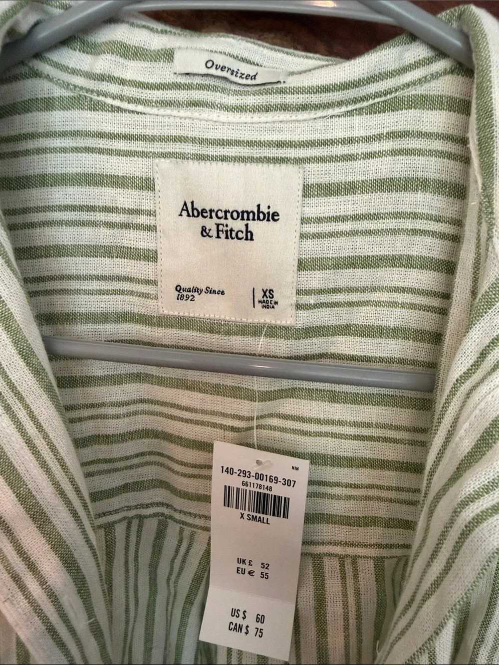 Abercrombie & Fitch over sized Sage Green and White Striped Button-Up Shirt